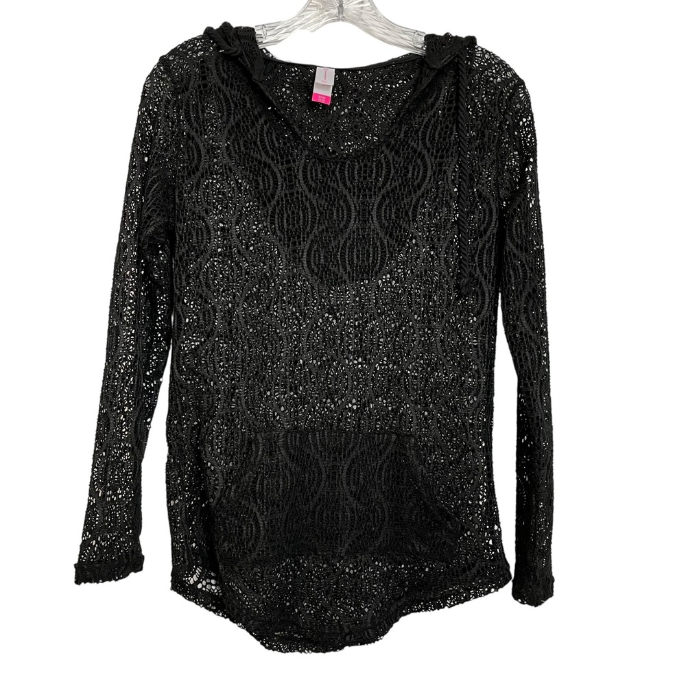 Black Crochet Lace Hooded Beach Cover Up Swimsuit Top Shirt S Beach (3177)